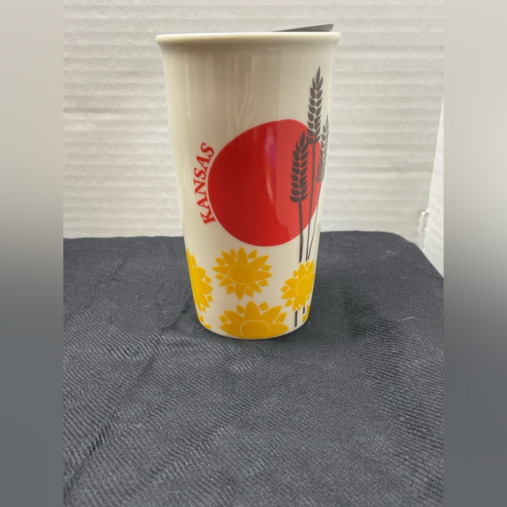 Starbucks White Ceramic Tumbler with Red Sun and Yellow Sunflowers